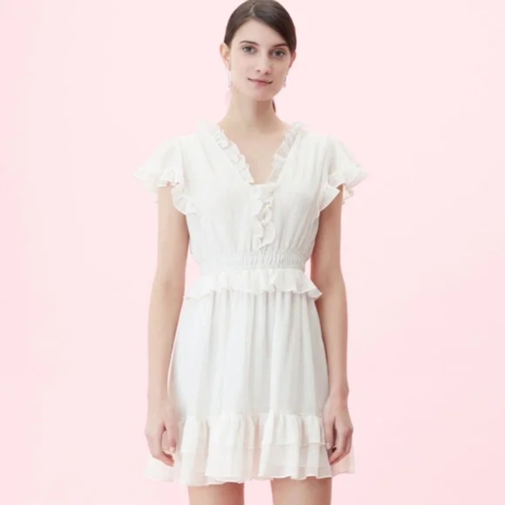 Rebecca Taylor Ruffle Metallic Stripe V-Neck Dress